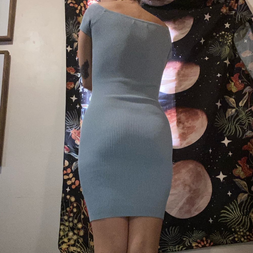 Blue midi bodycon dress with gold buttons